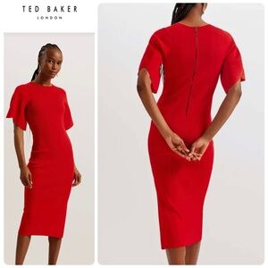 Ted Baker Red Knit Midi Dress with Flutter Sleeves